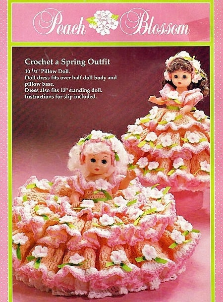 Vintage Crochet Pattern Peach Blossom Spring Flowers Bed Doll Music Box or Pillow Doll Dress 13 Inch Dolls PDF Instant Digital Download