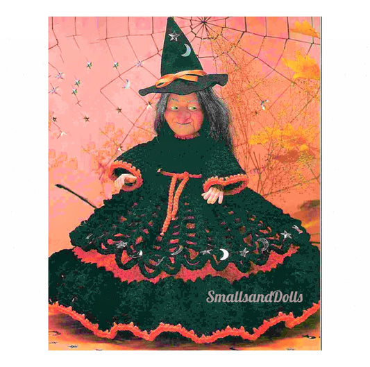 Vintage Crochet Pattern 12" Spooky Witch Doll Spider Web Dress  PDF Instant Digital Halloween Doll 10 Ply