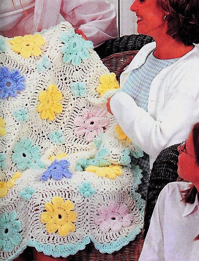 Vintage Crochet Pattern Spring Flower Granny Squares Baby Afghan Blanket PDF Instant Digital Download Floral Motif Crib Throw 10 Ply