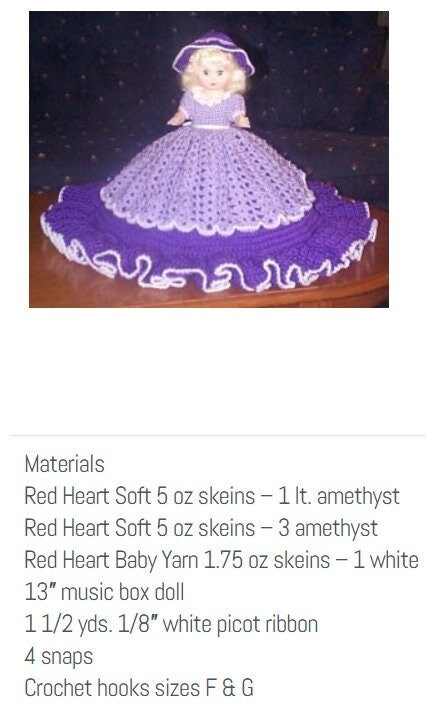 Vintage Crochet Pattern 13" Pretty Bed Doll Peplum Ruffle Dress & Hat PDF Instant Digital Download 10 Ply