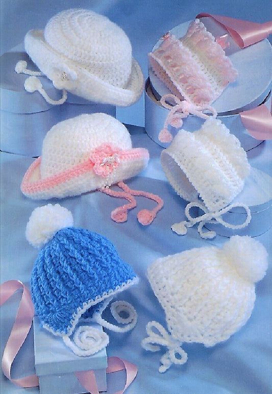 Vintage Crochet Patterns Baby Boy Girl Bonnet Helmet Brimmed Hats 6 Designs PDF Instant Digital Download Preemie to 2 years 8 Ply DK