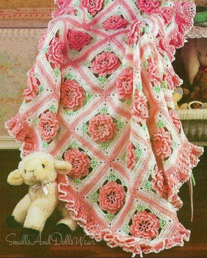 Vintage Crochet Pattern Pretty Ruffles & Roses Baby Afghan Granny Square Flower Motif Blanket PDF Instant Digital Download 5 Ply