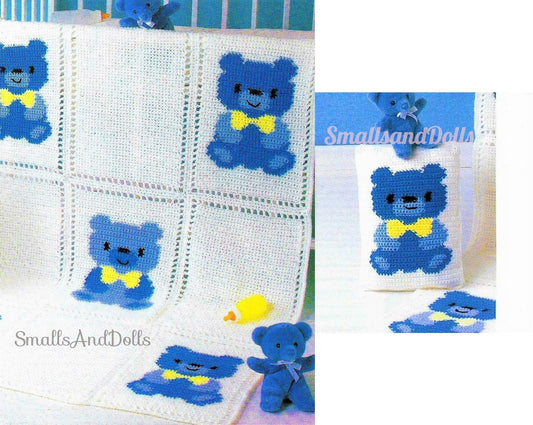 Vintage Crochet Pattern Baby Bears Bowties Crib Afghan & Pillow Set PDF Instant Digital Download Nursery Blanket Teddy Bear Motif 4 Ply