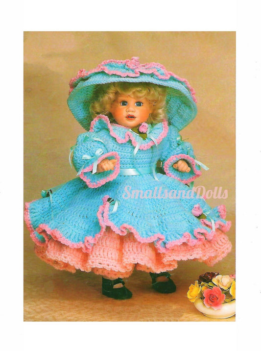 Vintage Crochet Pattern 16" Fancy Old Fashioned Doll Outfit PDF Instant Digital Download Ruffled Dress Large Brim Hat 10 Ply