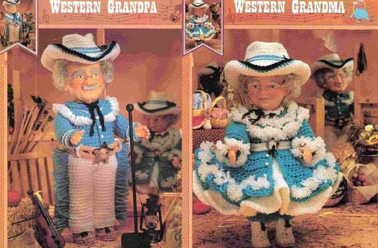 Vintage Crochet Pattern 13" Western Dolls Grandma Grandpa Cowgirl Cowboy Outfits Music Box Dolls PDF Instant Digital Download 10 Ply