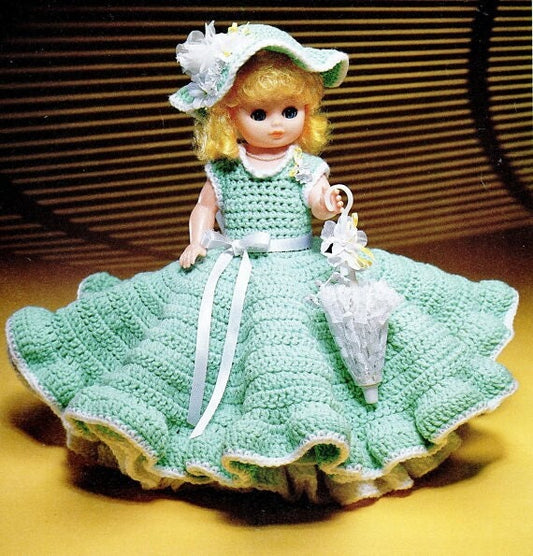 Vintage Crochet Pattern Bridesmaid Gown Dress Hat Outfit for 13 Inch Dolls PDF Instant Digital Download 10 Ply Bed Doll