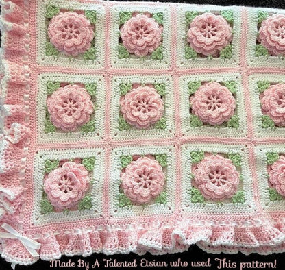 Vintage Crochet Pattern Pretty Ruffles & Roses Baby Afghan Granny Square Flower Motif Blanket PDF Instant Digital Download 5 Ply