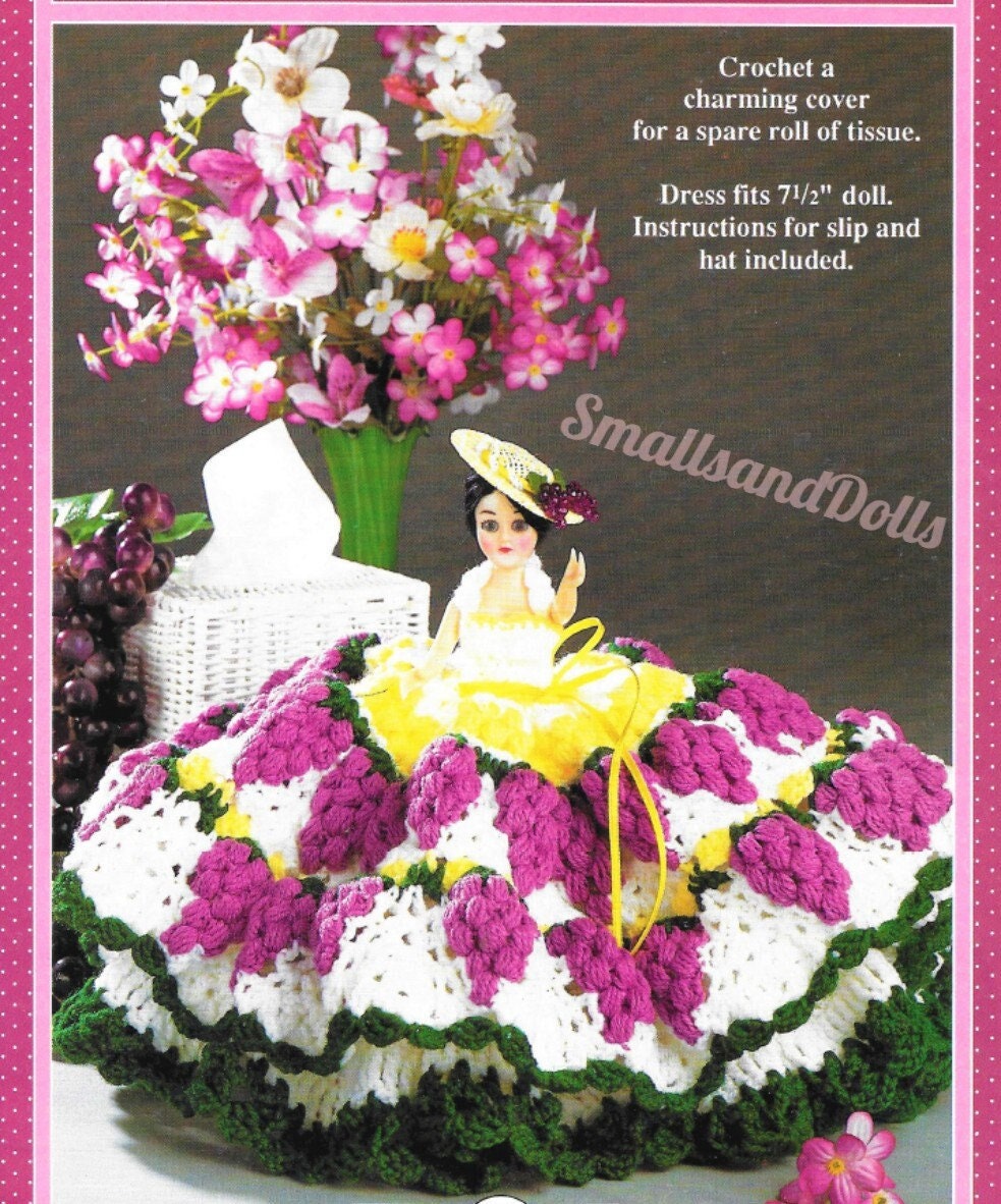 Vintage Crochet Pattern Pretty Doll Toilet Tissue Roll Cover Grape Cluster Dress 7.5 Inch Doll PDF Instant Digital Download Bathroom Holder