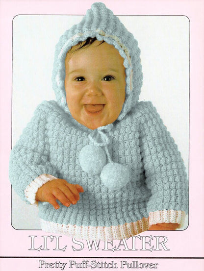 Vintage Crochet Pattern Baby Hoodie Hooded Puff Stitch Pullover Sweater PDF Instant Digital Download 6-9m 12m 24m