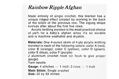 Vintage Crochet Pattern Classic Rainbow Ripple Baby Afghan Blanket PDF Instant Digital Download Quick Easy ZigZag Lapghan 22x33 4 Ply