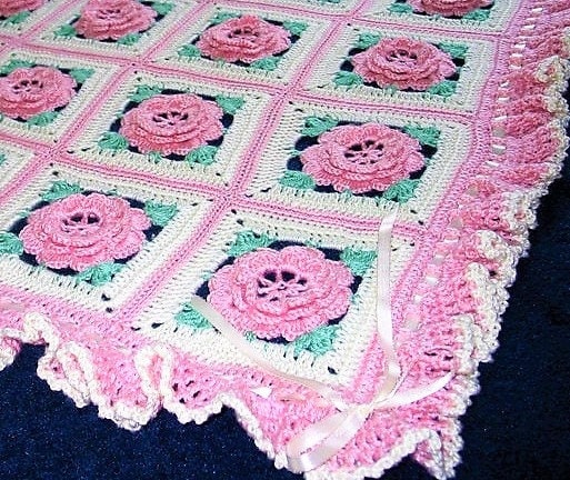 Vintage Crochet Pattern Pretty Ruffles & Roses Baby Afghan Granny Square Flower Motif Blanket PDF Instant Digital Download 5 Ply