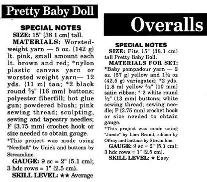 Vintage Crochet Pattern 15" Girl Baby Doll and Clothing Soft Sculpture Dolly Amigurumi 5 Outfits PDF Instant Digital Download 10 Ply