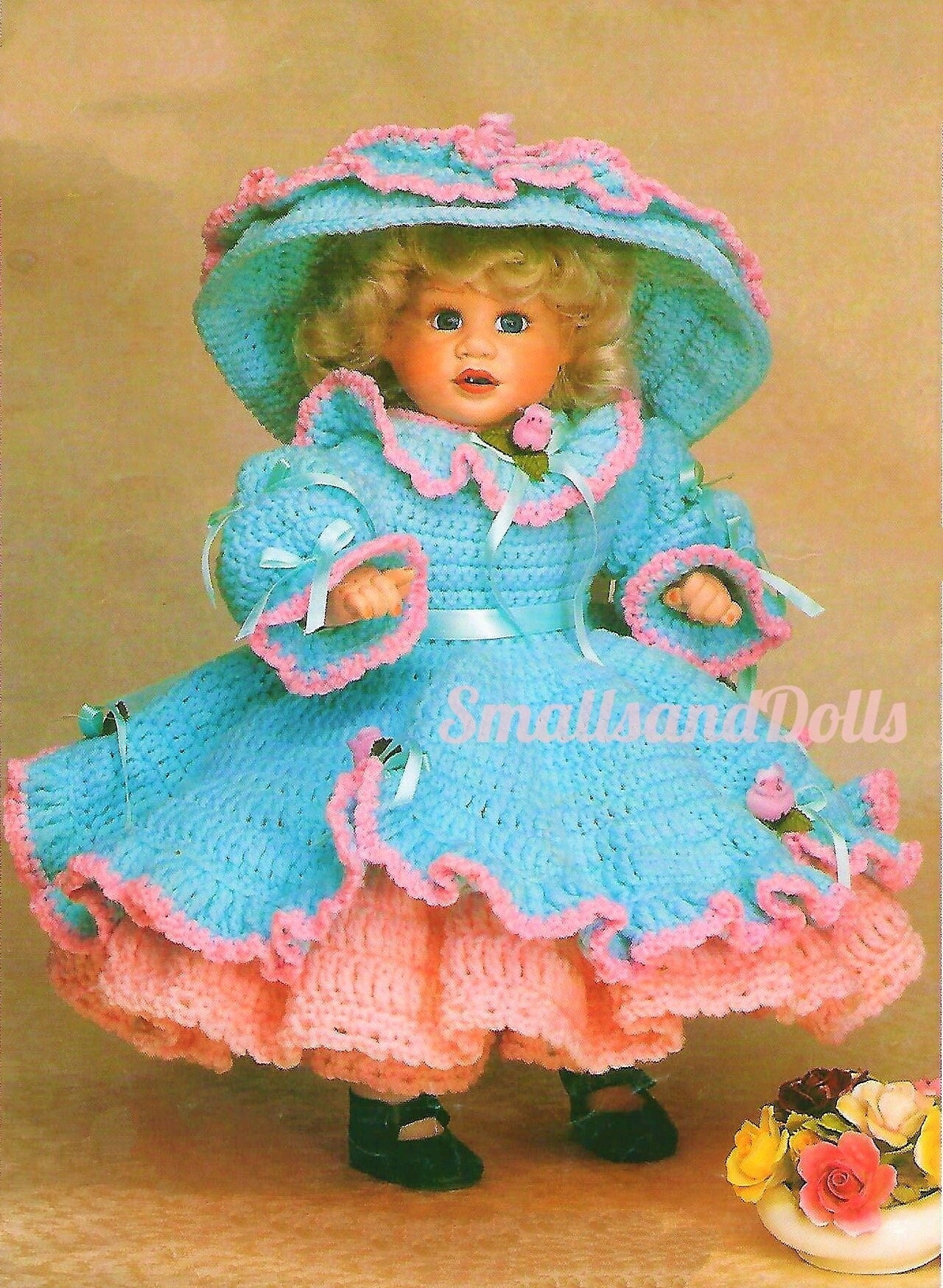 Vintage Crochet Pattern 16" Fancy Old Fashioned Doll Outfit PDF Instant Digital Download Ruffled Dress Large Brim Hat 10 Ply