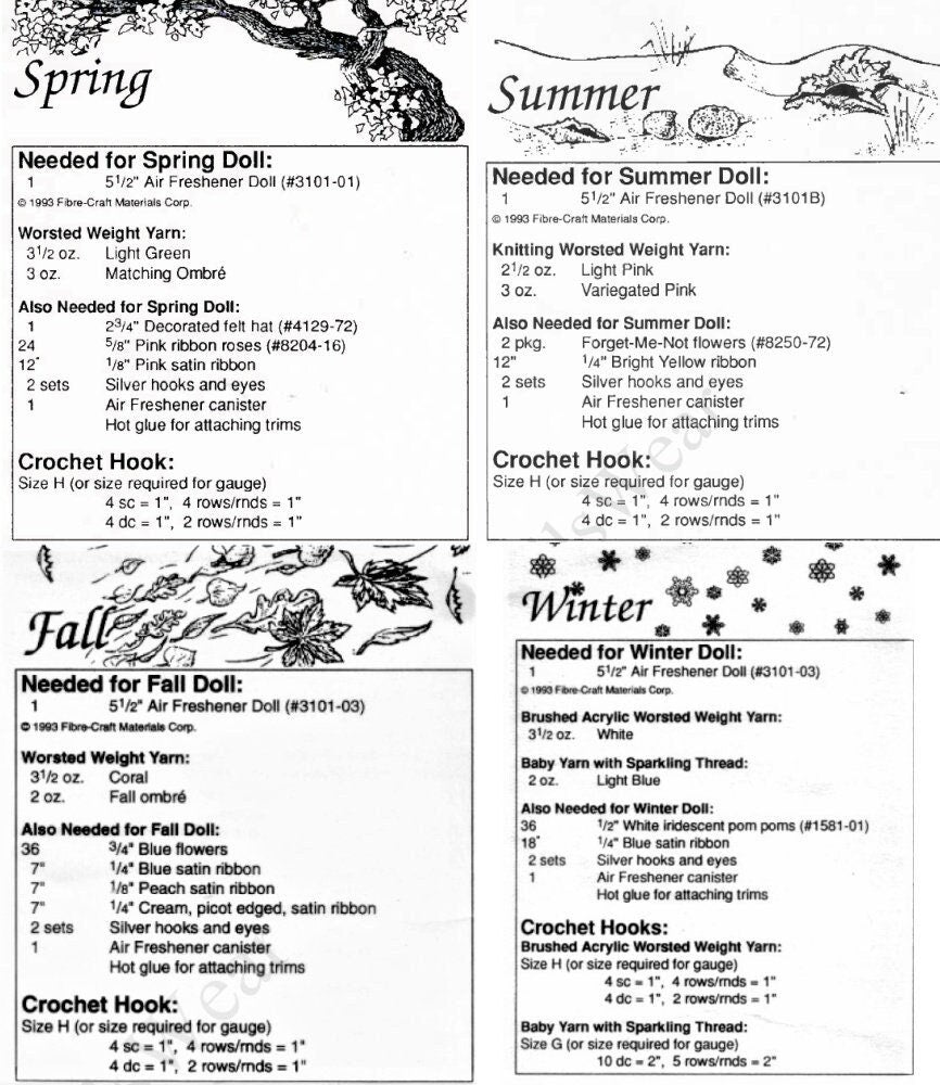 Vintage Crochet Patterns 6" Air Freshener Dolls Four Seasons Dress Outfits PDF Instant Digital Download Scented Sweeties 10 Ply