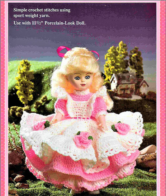Vintage Crochet Pattern Frilly Pinafore Roses Ruffle Dress for 11 12 Inch Porcelain or Regular Dolls PDF Instant Digital Download 10 Ply