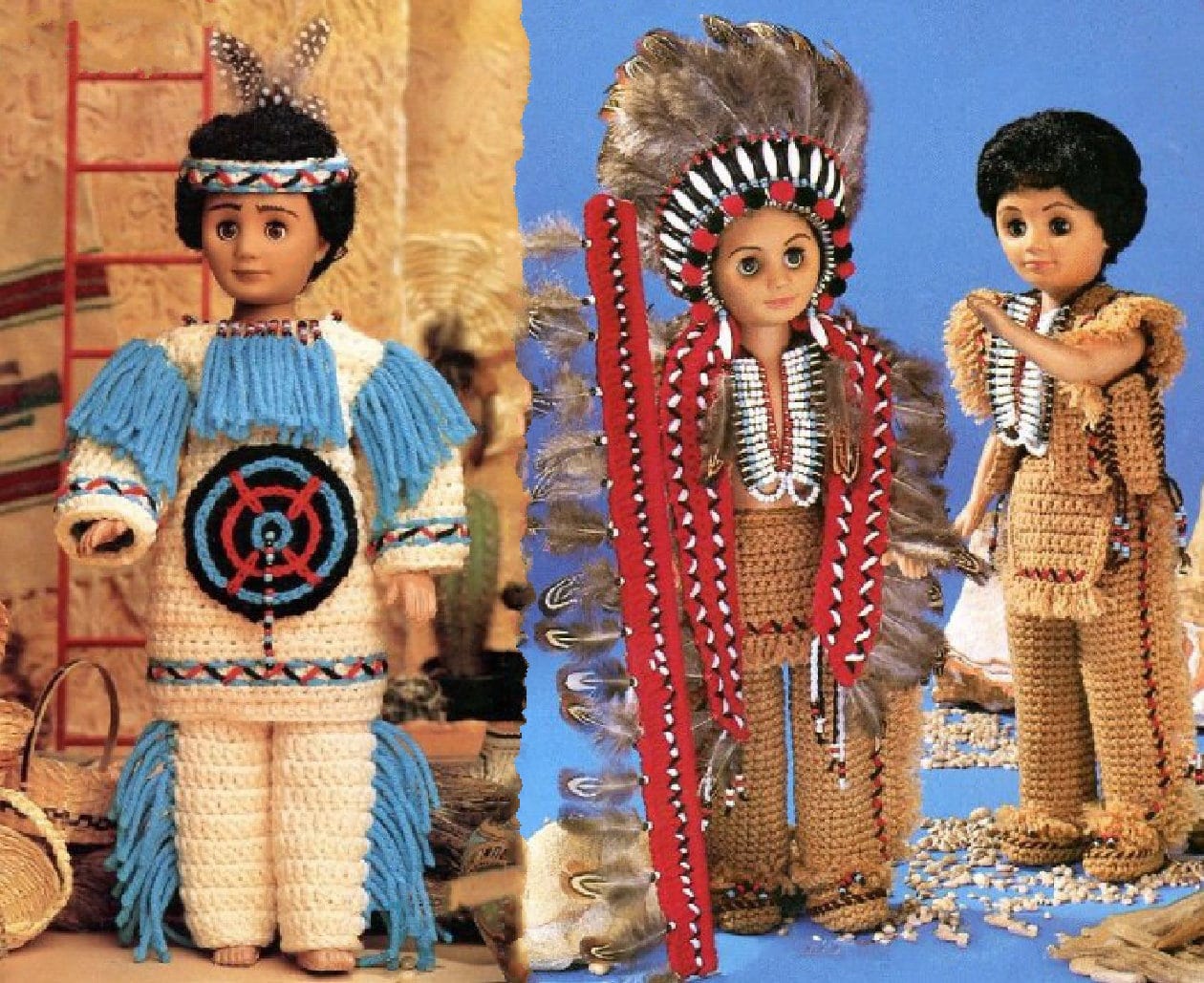 Vintage Crochet Pattern Man Boy Indian Chief Doll Outfit Headdress 2 Designs PDF Instant Digital Download For 16 Inch Fashion Dolls 10 Ply