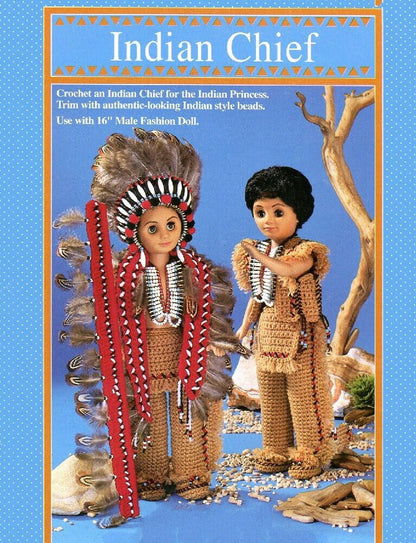 Vintage Crochet Pattern Man Boy Indian Chief Doll Outfit Headdress 2 Designs PDF Instant Digital Download For 16 Inch Fashion Dolls 10 Ply