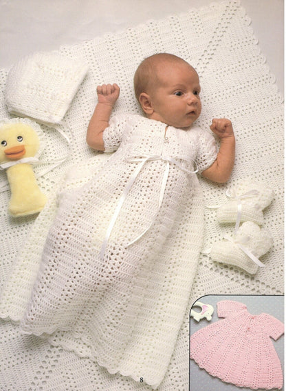 Vintage Crochet Pattern Classic Shell Stitch Heirloom Layette Set Dress Bonnet Booties Blanket PDF Instant Digital Download 0-6m DK 1970s