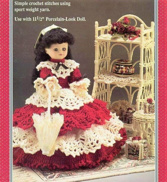 Vintage Crochet Pattern Pretty Elizabeth Victorian Doll Red White Lace Tiered Dress 11.5 inch Doll PDF Instant Digital Download 5 Ply