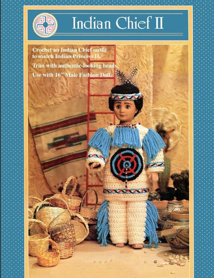 Vintage Crochet Pattern Man Boy Indian Chief Doll Outfit Headdress 2 Designs PDF Instant Digital Download For 16 Inch Fashion Dolls 10 Ply