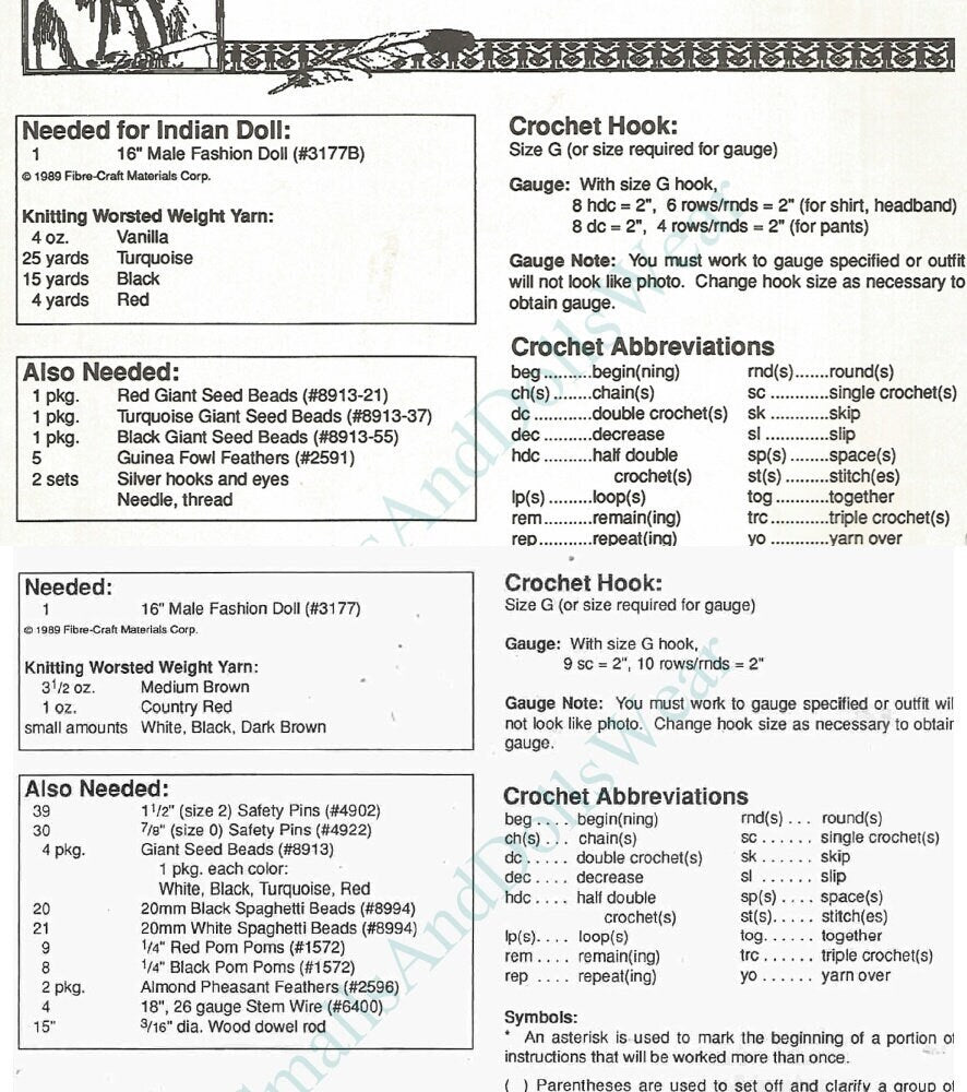 Vintage Crochet Pattern Man Boy Indian Chief Doll Outfit Headdress 2 Designs PDF Instant Digital Download For 16 Inch Fashion Dolls 10 Ply