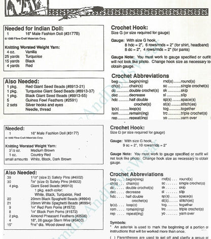 Vintage Crochet Pattern Man Boy Indian Chief Doll Outfit Headdress 2 Designs PDF Instant Digital Download For 16 Inch Fashion Dolls 10 Ply