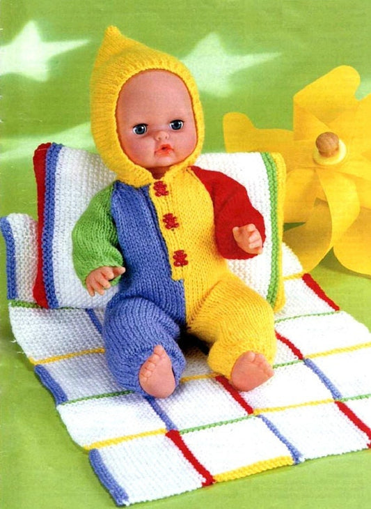 PDF Vintage Knitting Pattern Knit Doll All In One Playsuit Blanket and Pillow for Large Dolls 12-22 Inches Instant Digital Download 8 Ply