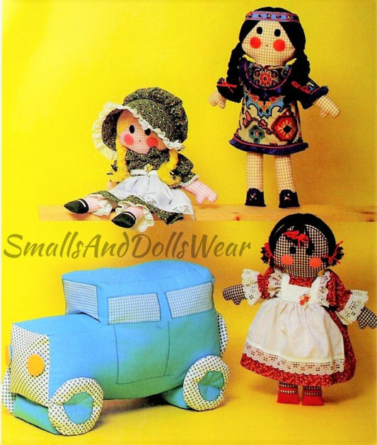 Vintage Sewing Pattern 20" Cute Gingham Prairie Girls and Indian Girl Soft Sculpture Dolls Fabric Car PDF Instant Digital Download Toys