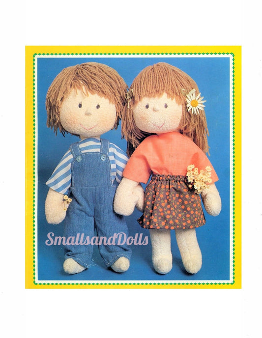 Vintage Sewing Pattern 13" Adorable Boy and Girl Soft Sculpture Toy Dolls PDF Instant Digital Download Cotton Pile Rag Dolls Yarn Hair