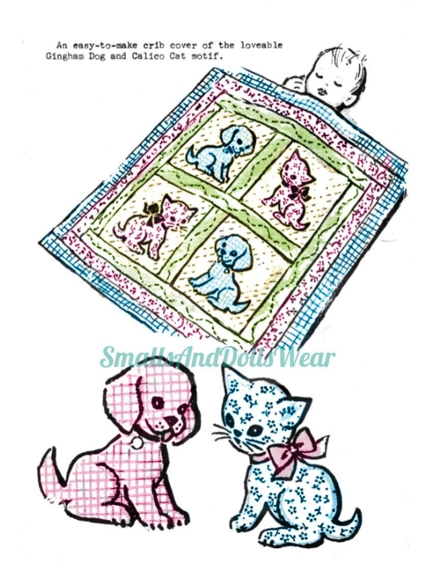 Vintage Sewing Pattern Gingham Dog Calico Cat Baby Crib Quilt Printable PDF Instant Digital Download Puppy Kitten Applique Blocks Blanket