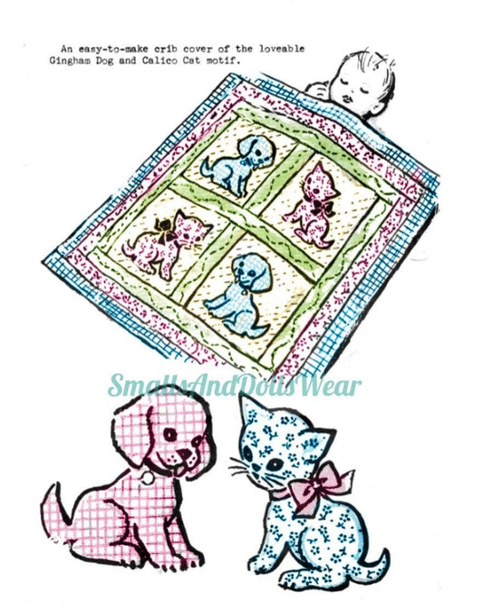 Vintage Sewing Pattern Gingham Dog Calico Cat Baby Crib Quilt Printable PDF Instant Digital Download Puppy Kitten Applique Blocks Blanket
