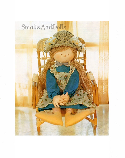 Vintage Sewing Pattern 20" Cute Country Prairie Girl Soft Sculpture Toy Doll PDF Instant Digital Download Cotton Fabrics Yarn Hair