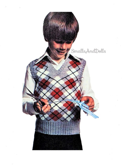 Vintage Knitting Pattern Boys Classic Knit Argyle Plaid Sweater Vest PDF Instant Digital Download 4-12 Years 5 Ply