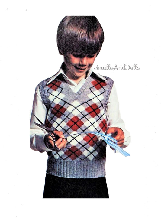 Vintage Knitting Pattern Boys Classic Knit Argyle Plaid Sweater Vest PDF Instant Digital Download 4-12 Years 5 Ply