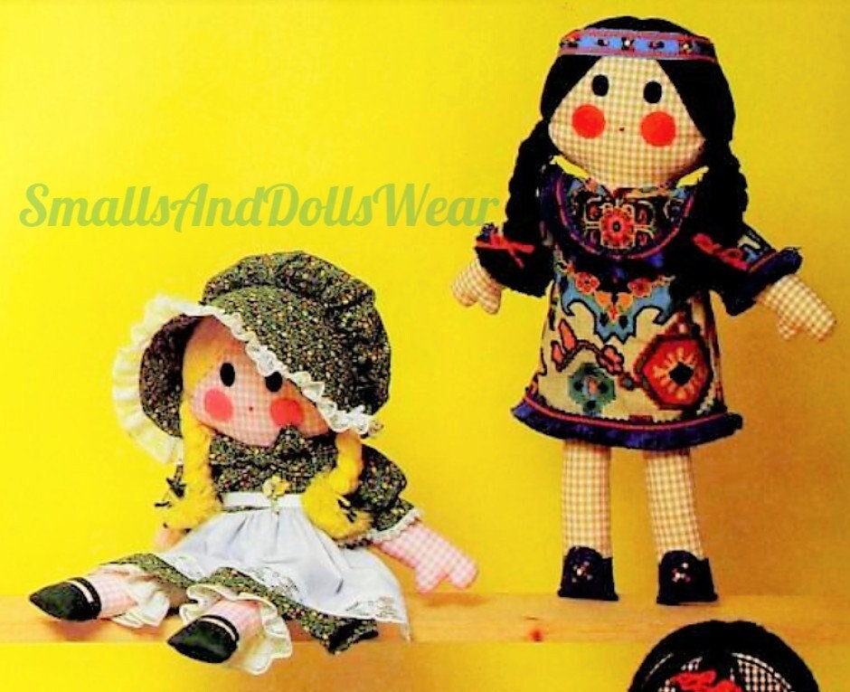 Vintage Sewing Pattern 20" Cute Gingham Prairie Girls and Indian Girl Soft Sculpture Dolls Fabric Car PDF Instant Digital Download Toys
