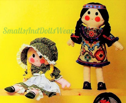 Vintage Sewing Pattern 20" Cute Gingham Prairie Girls and Indian Girl Soft Sculpture Dolls Fabric Car PDF Instant Digital Download Toys