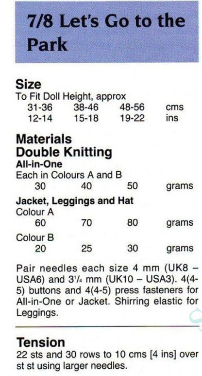 Vintage Knitting Pattern Doll Clothes Cardigan Hat All In One Park Sets 12-14 15-18 19-22 Inch Dolls PDF Instant Digital Download DK