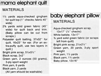 Vintage Sewing Pattern Gingham Elephants Baby Crib Quilt and Pillow Set PDF Instant Digital Download Mama & Baby Quilted Blanket 51x35