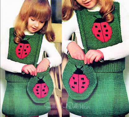 Vintage Knitting Pattern Little Girls Ladybug Vest Top Skirt and Purse Set Outfit PDF Instant Digital Download 4-10 Years 10 Ply
