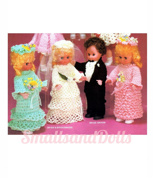 Vintage Crochet Pattern 14" Wedding Party Doll Clothes PDF Instant Digital Download Bride Groom Outfits Bridesmaids Dresses 4 Ply