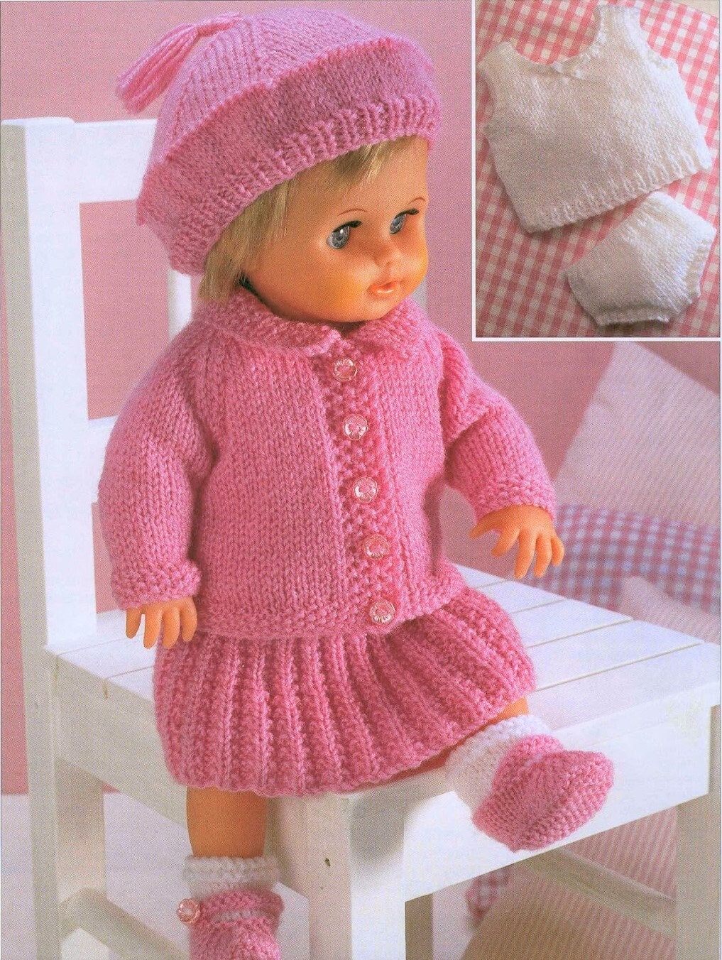 Vintage Knitting Pattern Doll Clothes Cardigan Skirt Beret 7 Piece Outfit 12-14 15-18 19-22 Inch Dolls PDF Instant Digital Download 8 Ply