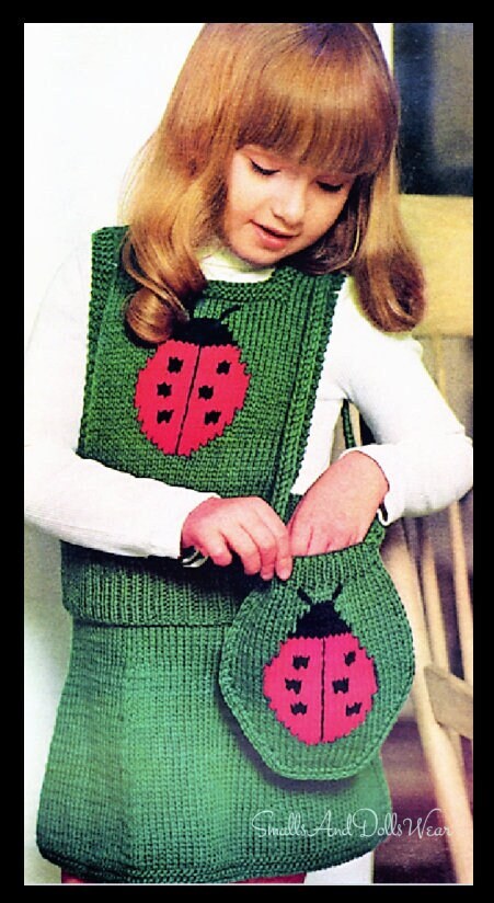 Vintage Knitting Pattern Little Girls Ladybug Vest Top Skirt and Purse Set Outfit PDF Instant Digital Download 4-10 Years 10 Ply