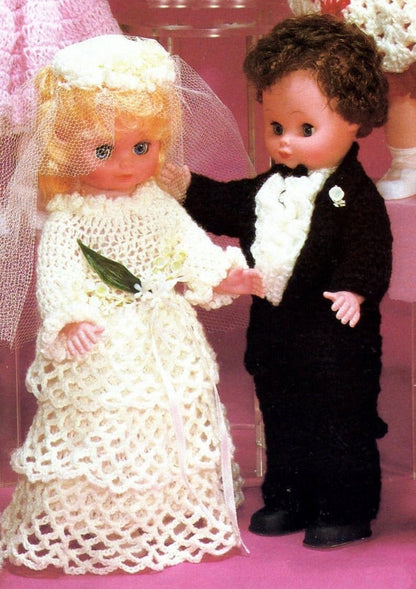 Vintage Crochet Pattern 14" Wedding Party Doll Clothes PDF Instant Digital Download Bride Groom Outfits Bridesmaids Dresses 4 Ply