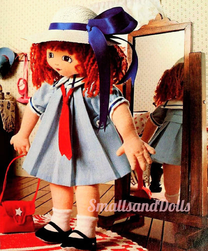 Vintage Sewing Pattern 13" Pretty School Girl Rag Doll Soft Sculpture Toy PDF Instant Digital Download Soft Fabric Toy Doll Hat Purse