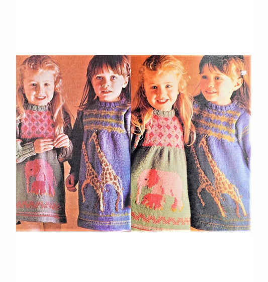 Vintage Knitting Pattern Toddler Girl Giraffe Elephant Dresses Knit Fair Isle Jacquard PDF Instant Digital Download 2-3 yrs DK
