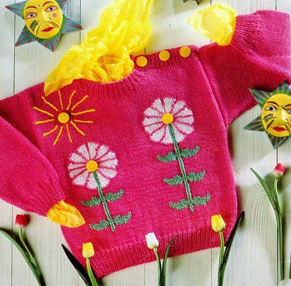 Vintage Knitting Pattern Knit Girls Happy Daisies Sweater PDF Instant Digital Download Flowers Pullover Jumper 18m-6 yrs DK