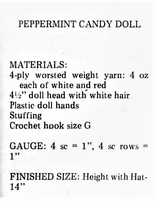 Vintage Crochet Pattern 14" Peppermint Candy Cane Christmas Yarn Head Doll PDF Instant Digital Download Retro 1980s 10 Ply