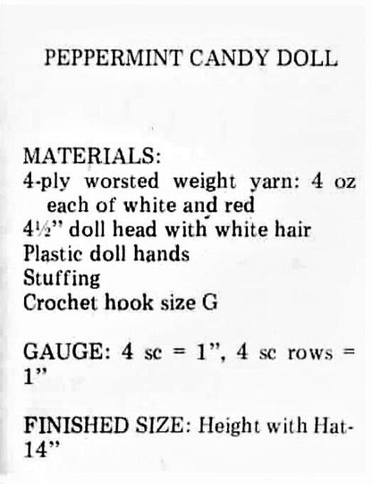 Vintage Crochet Pattern 14" Peppermint Candy Cane Christmas Yarn Head Doll PDF Instant Digital Download Retro 1980s 10 Ply