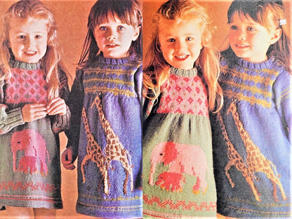 Vintage Knitting Pattern Toddler Girl Giraffe Elephant Dresses Knit Fair Isle Jacquard PDF Instant Digital Download 2-3 yrs DK