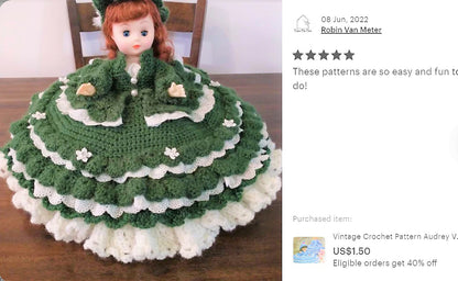 Vintage Crochet Pattern Audrey Victorian Bed Doll Music Box or Pillow Doll Dress Hat Outfit  13 Inch Dolls PDF Instant Digital Download